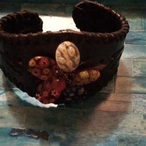 Laced leather flower bead cuff bracelet